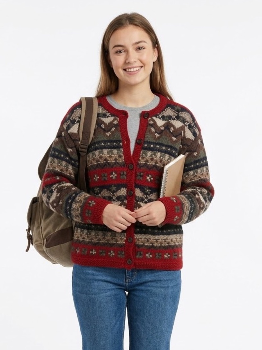 G.A.M 100% Wool FairIsle Botton-down Cardigan/Sweater Wine Red Accent Size Small